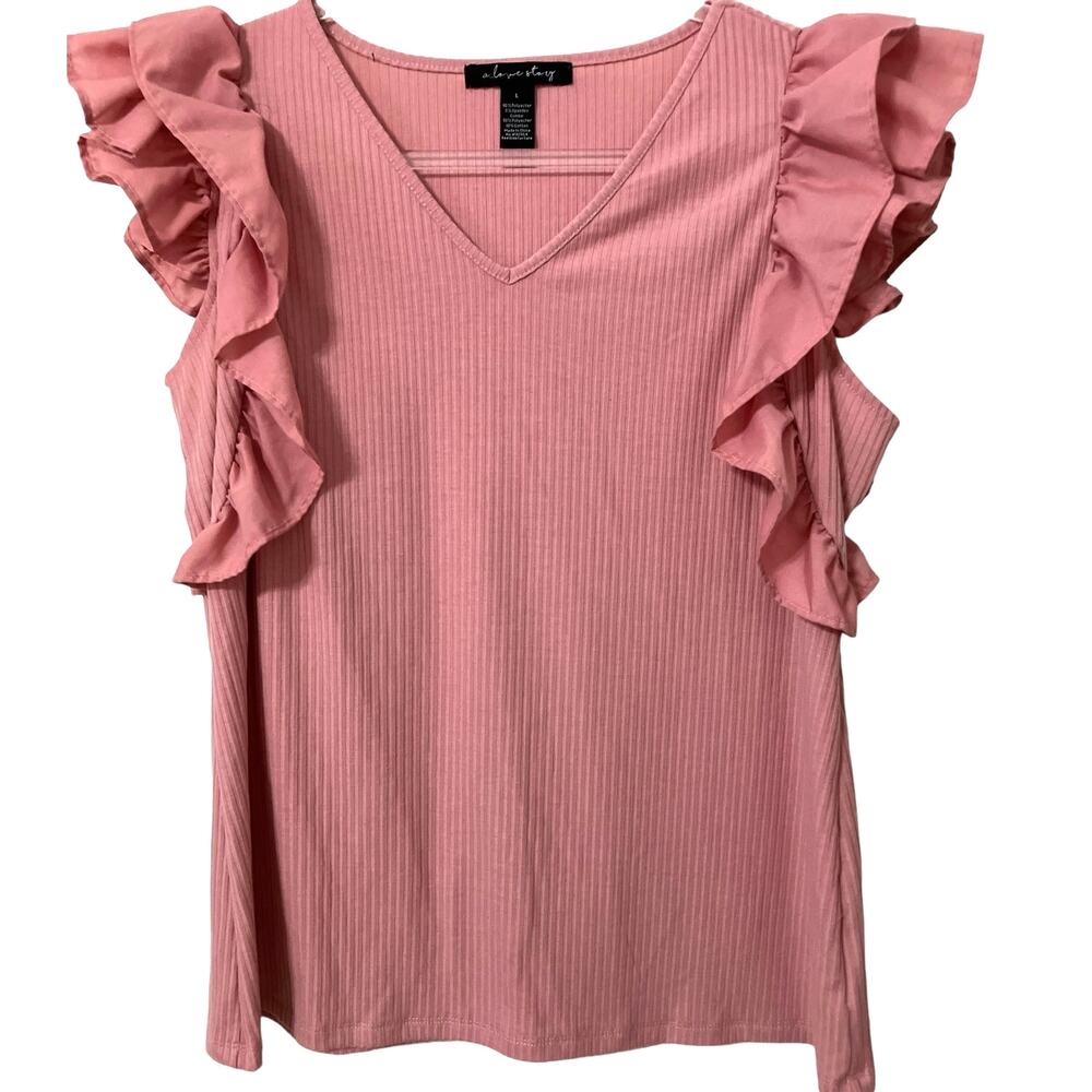 A Love Story Women's Pink Sleeveless Top V Neck Ruffled Around Armhole Sz Large